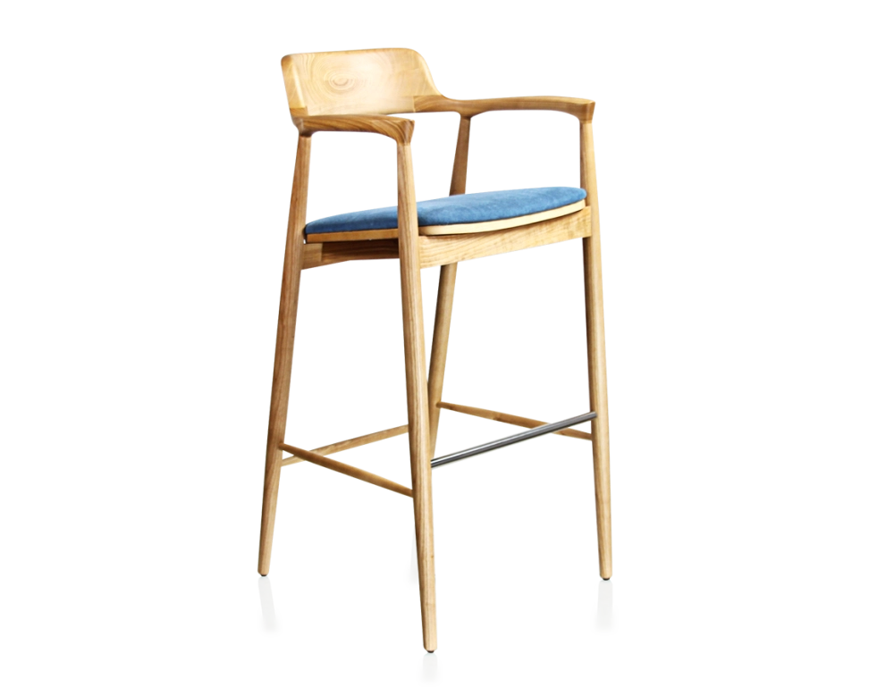 Tabouret de bar h80 cm bois teinte naturelle assise tissu bleu jean