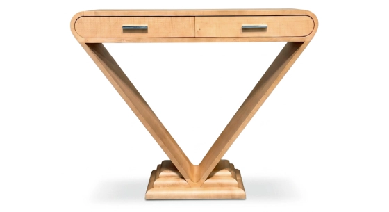 Console art déco double tiroirs bois teinte naturelle