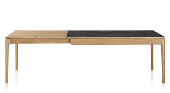 Table extensible 8 à 12 personnes en chêne et céramique allonges bois avec bois teinte naturelle et plateau céramique effet marbre noir 210x100 cm
