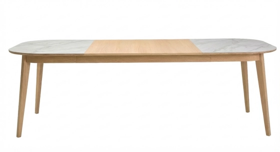 Table extensible 8 à 12 personnes en chêne et céramique allonges bois avec bois teinte naturelle et plateau céramique effet marbre blanc 180x100 cm