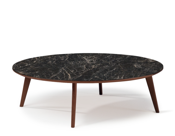 Table basse ronde F1 en chêne et céramique bois teinte marron foncé plateau céramique effet marbre noir 90x90x30 cm