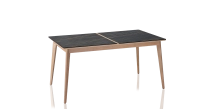 Table extensible 6 à 8 personnes en chêne et céramique allonges bois avec bois teinte naturelle et plateau céramique effet marbre noir 140x90 cm