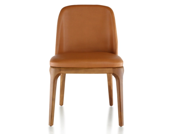 Chaise design bois teinte merisier et cuir caramel