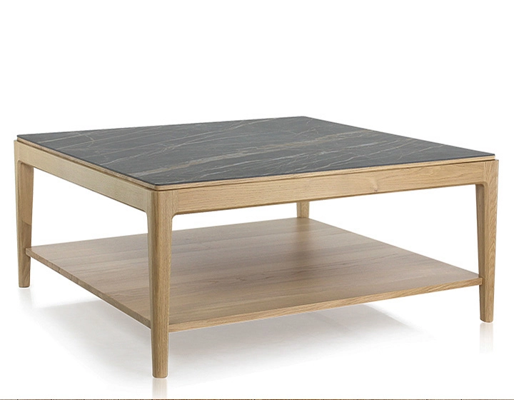 Square coffee table in oak and ceramic with shelf in natural stained wood, black marble effect ceramic top 100x100 cm