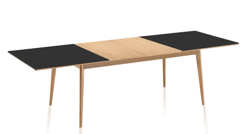 Extendable table for 8 to 14 people in oak and ceramic with wooden extensions with natural stained wood and plain black ceramic top 210x100 cm