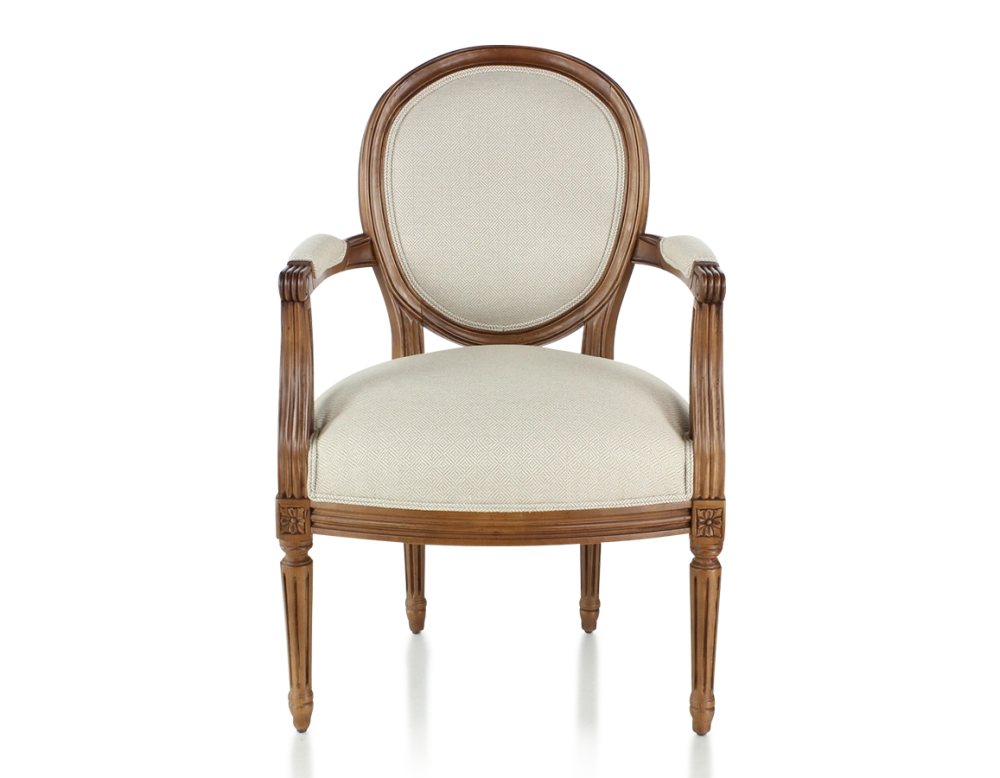 Fauteuil ancien style Louis XVI bois teinte ancienne et tissu chevron beige