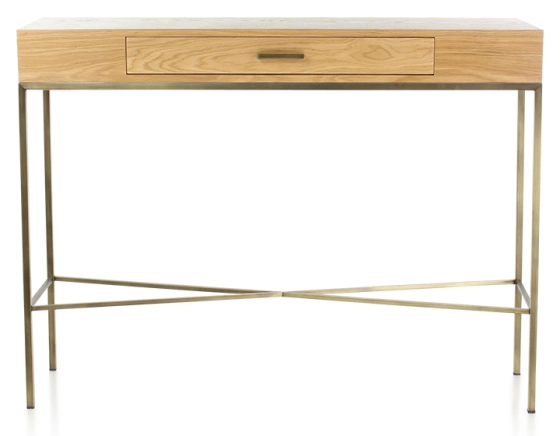 Console design frêne teinte naturelle et métal patine laiton 100 cm