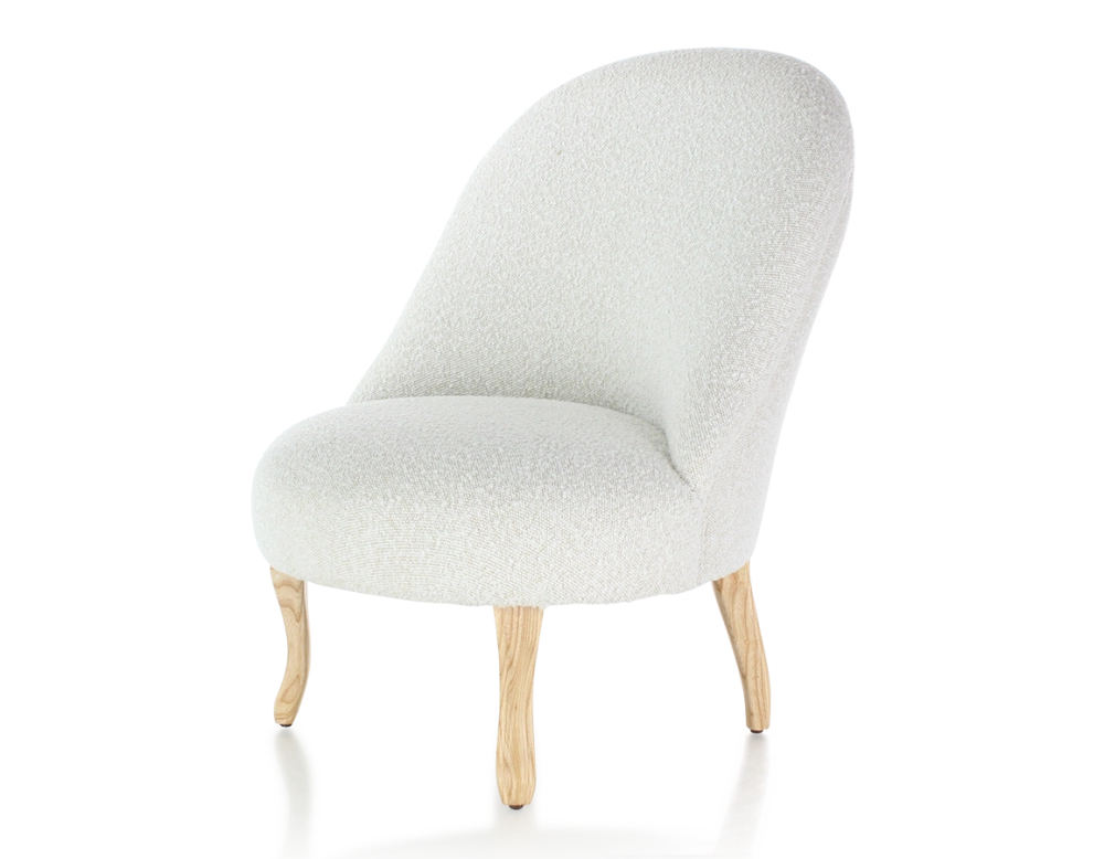 Armless toad chair natural tint wooden legs and white looped fabric