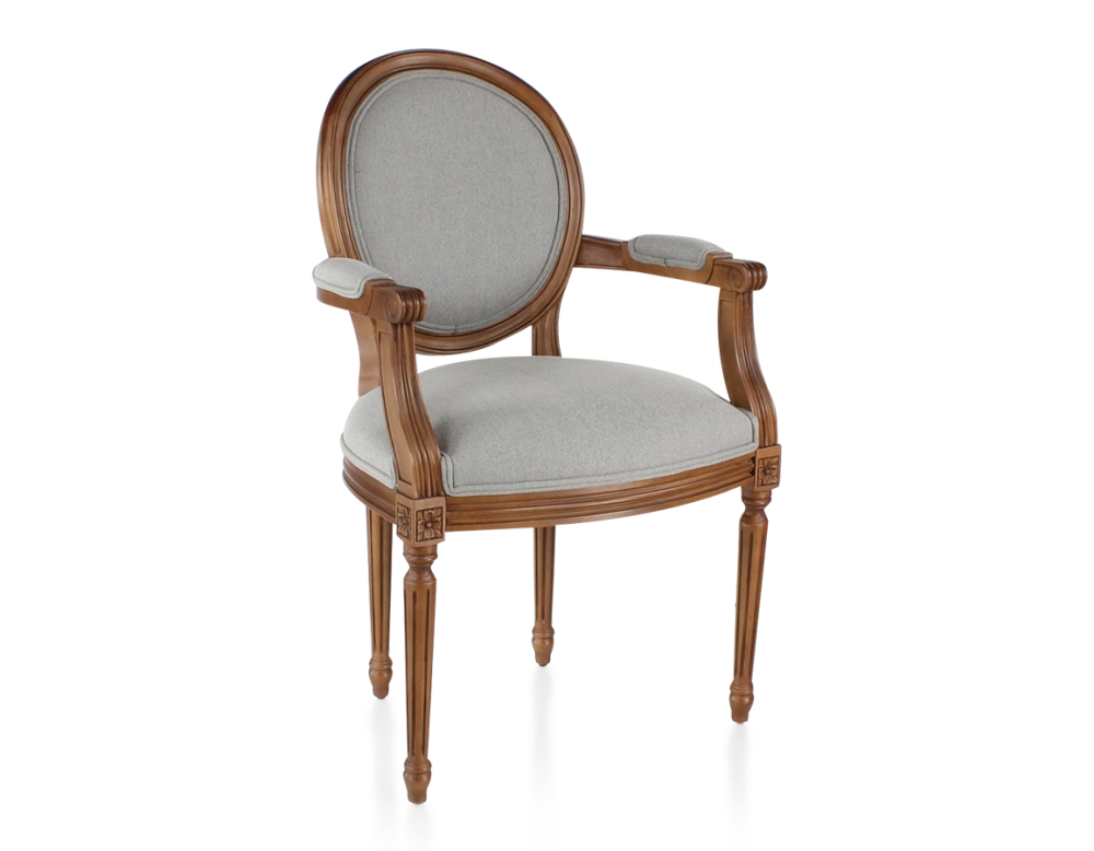 Antique Louis XVI style armchair with armrests wood stained in an antique style and light grey fabric