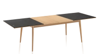 Extendable table for 8 to 14 people in oak and ceramic with wooden extensions with natural wood stain and slate effect ceramic top 210x100 cm