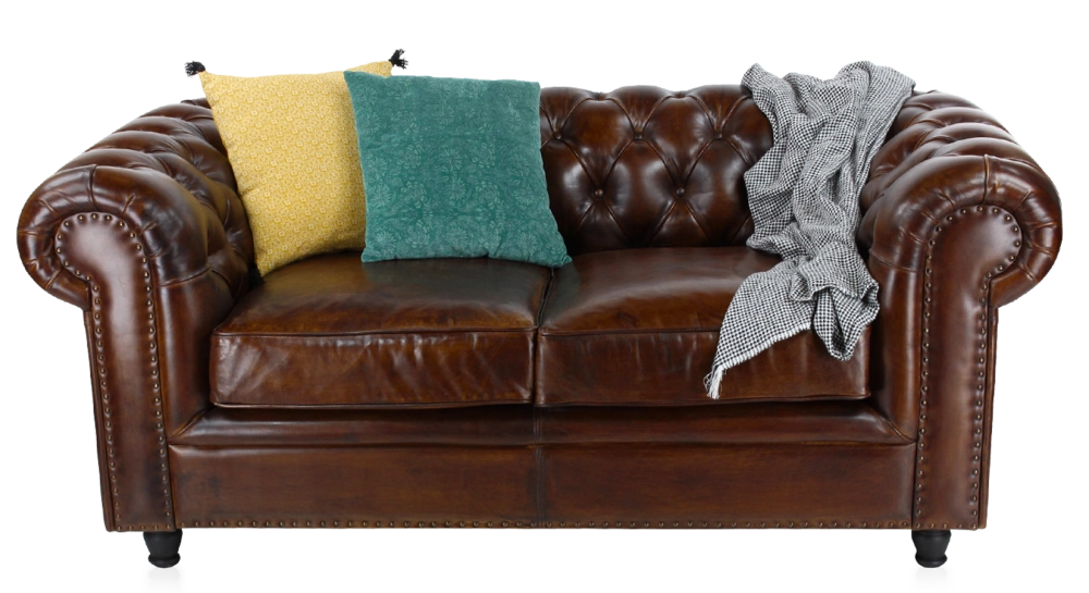 Canapé Chesterfield cuir 2 places marron soutenu accoudoirs cloutés
