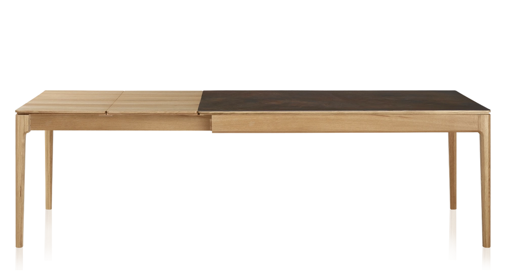 Table extensible 8 à 12 personnes en chêne et céramique allonges bois avec bois teinte naturelle et plateau céramique brun oxydé 180x100 cm