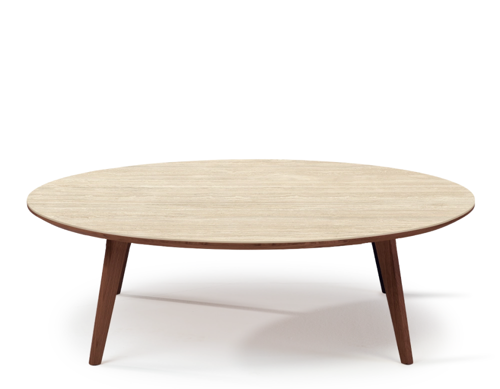 Table basse ronde F1 en chêne et céramique bois teinte marron foncé plateau céramique effet pierre travertin 90x90x30 cm