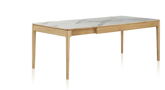 Table extensible 6 à 10 personnes en chêne et céramique allonges céramique avec bois teinte naturelle et plateau et allonges céramique effet marbre blanc 160x100 cm