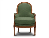 Sillón bergère moldurado estilo Luis XVI bois teinte ancienne et tissu vert foncé