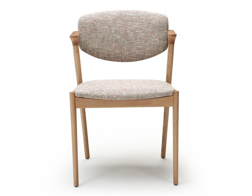 Scandinavian chair wood natural finish with fabric seat fusion.