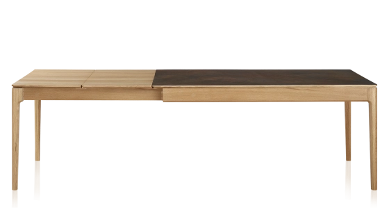 Table extensible 6 à 10 personnes en chêne et céramique allonges bois avec bois teinte naturelle et plateau céramique brun oxydé 140x90 cm