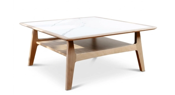Table basse carrée en chêne et céramique avec bois teinte naturelle plateau céramique effet marbre blanc 120X120 cm