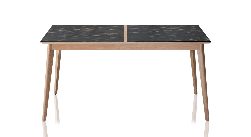 Table salle à manger en chêne et céramique 8 personnes avec bois teinte naturelle et plateau céramique effet marbre noir 210x100 cm