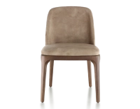 Designer chair dark brown stained wood and light taupe velvet fabric