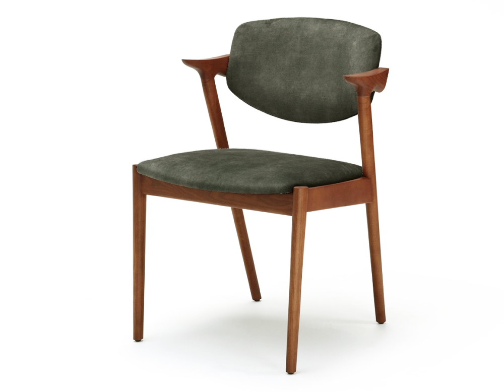 Chaise scandinave bois teinte merisier assise tissu velours vert forêt