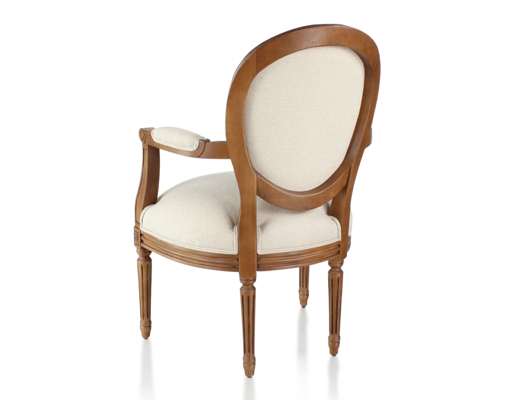 Fauteuil ancien style Louis XVI bois teinte ancienne et tissu chevron beige