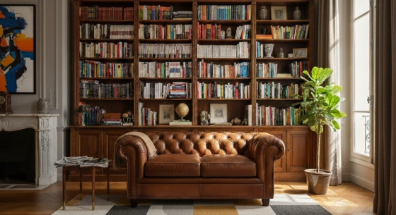Canapé Chesterfield cuir 2 places marron vintage accoudoirs cloutés