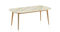 Mesa de comedor de roble y cerámica para 6 a 8 personas con madera de tinte natural y tablero cerámico efecto mármol blanco 160x100 cm