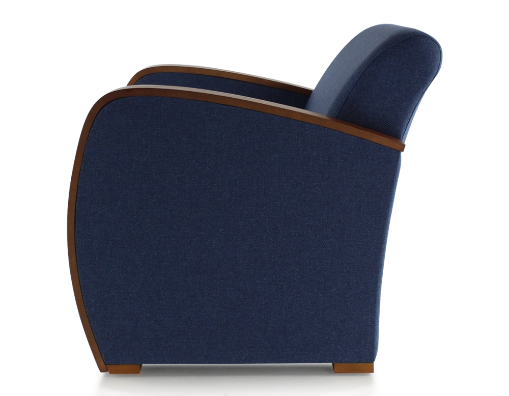 Fauteuil design bois teinte merisier et tissu bleu marine