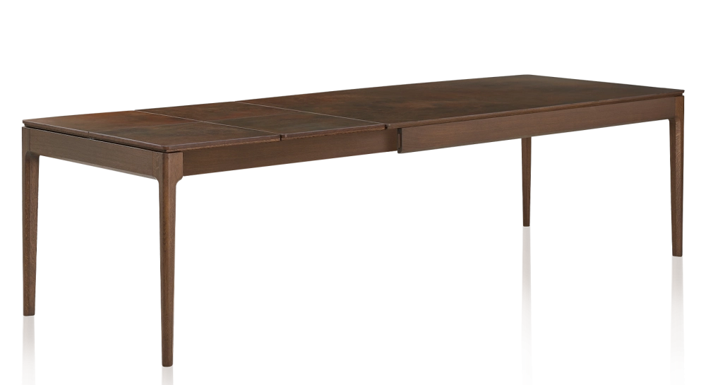 Extendable table for 8 to 12 people in oak and ceramic with ceramic extensions with dark brown stained wood and oxidised brown ceramic top and extensions 160x100 cm