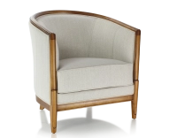 Sillón antiguo con reposabrazos moldurados madera con tinte envejecido y tejido beige natural
