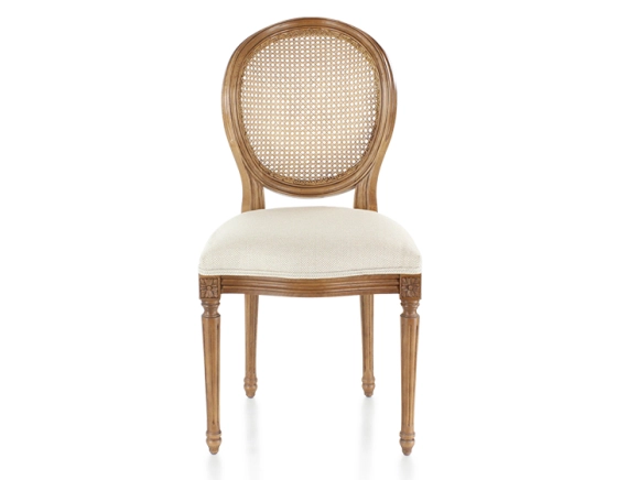 Chaise ancienne style Louis XVI bois teinte ancienne dossier canné assise tissu chevron beige