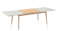 Table extensible 6 à 8 personnes en chêne et céramique allonges bois avec bois teinte naturelle et plateau céramique effet marbre blanc 140x90 cm