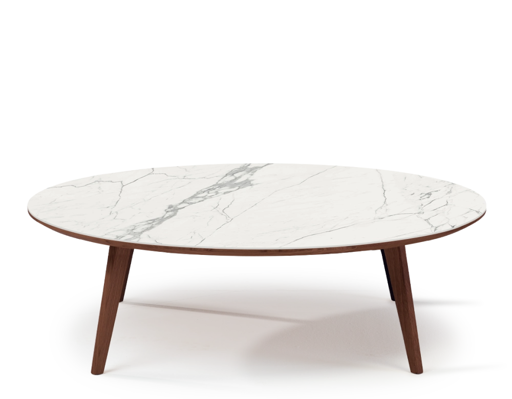 Table basse ronde F1 en chêne et céramique bois teinte marron foncé plateau céramique effet marbre blanc 100x100x30 cm