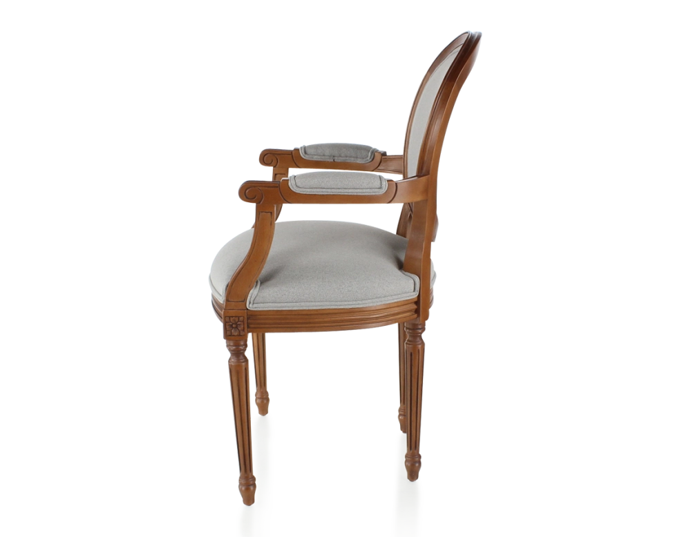 Antique Louis XVI style armchair with armrests wood stained in an antique style and light grey fabric