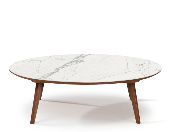 Table basse ronde F1 en noyer et céramique bois teinte naturelle plateau céramique effet marbre blanc 90x90x30 cm