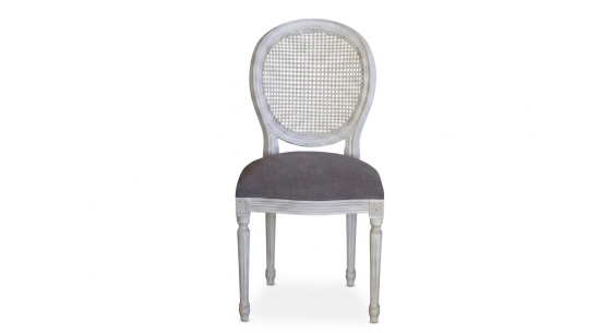 Chaise ancienne style Louis XVI dossier canné bois teinte cérusée blanche et tissu taupe