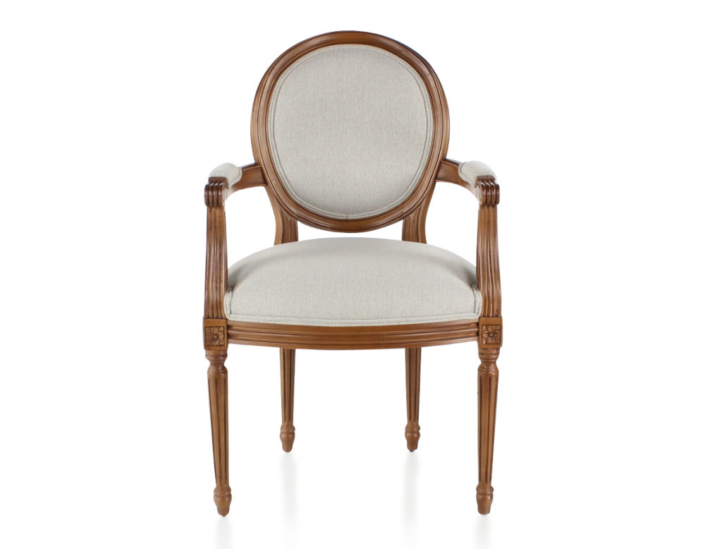 Silla antigua estilo Luis XVI con reposabrazos madera con tinte envejecido y tejido beige natural