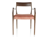 Chaise scandinave avec accoudoirs bois teinte marron foncé assise tissu velours rose pâle