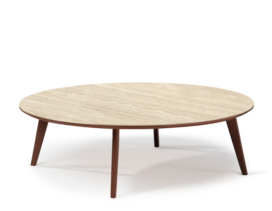 Table basse ronde F1 en chêne et céramique bois teinte marron foncé plateau céramique effet pierre travertin 100x100x30 cm