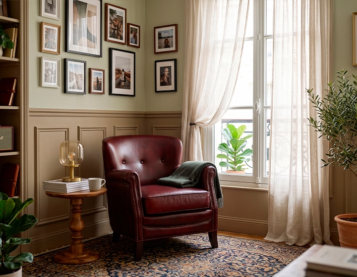 Fauteuil club cuir rouge carmin accoudoirs cloutés