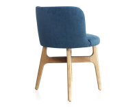 Designer chair natural tint wood, denim blue fabric seat