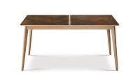 Extendable table for 6 to 10 people in oak and ceramic with wooden extensions with natural stained wood and oxidised brown ceramic top 140x90 cm