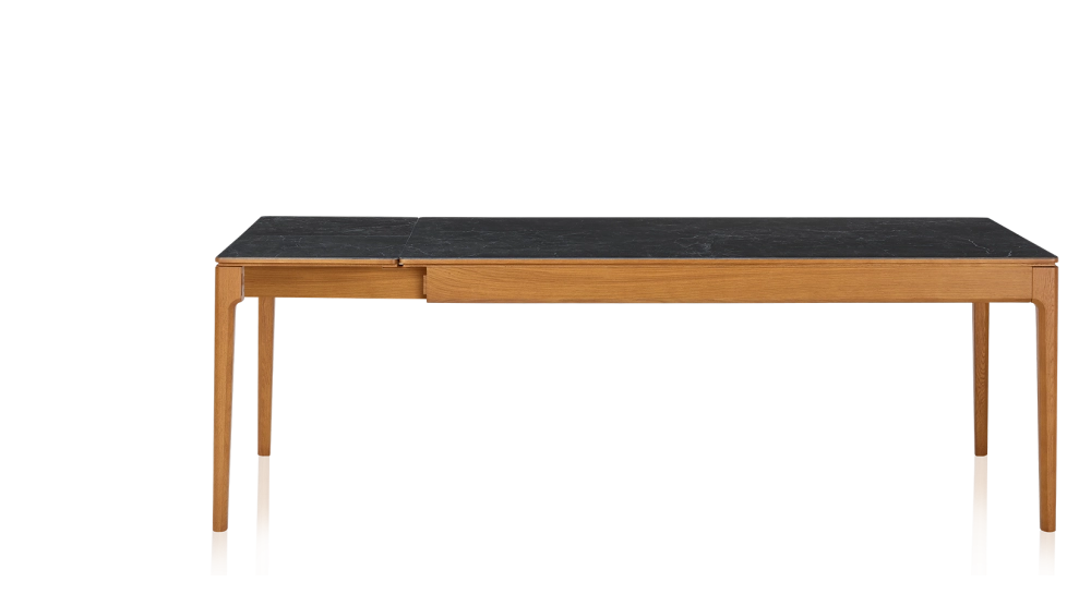 Table extensible 6 à 10 personnes en chêne et céramique allonges céramique avec bois teinte merisier et plateau et allonges céramique effet ardoise 160x100 cm