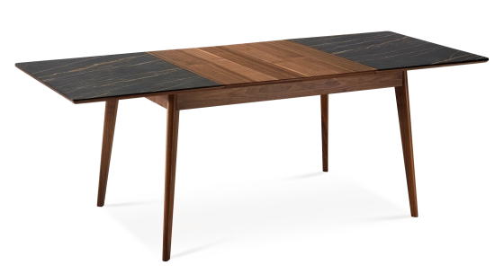 Table extensible 8 à 12 personnes en noyer et céramique allonges bois avec bois teinte naturelle et plateau céramique effet marbre noir 180x100 cm