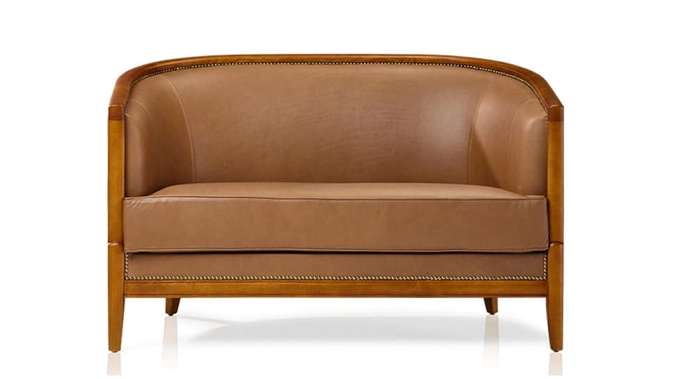 Canapé vintage 2 places bois teinte meriser et cuir noisette
