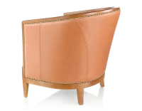 Fauteuil ancien accoudoirs moulurés bois teinte ancienne et cuir caramel