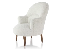 Fauteuil crapaud avec accoudoirs pieds bois teinte noyer et tissu bouclé blanc