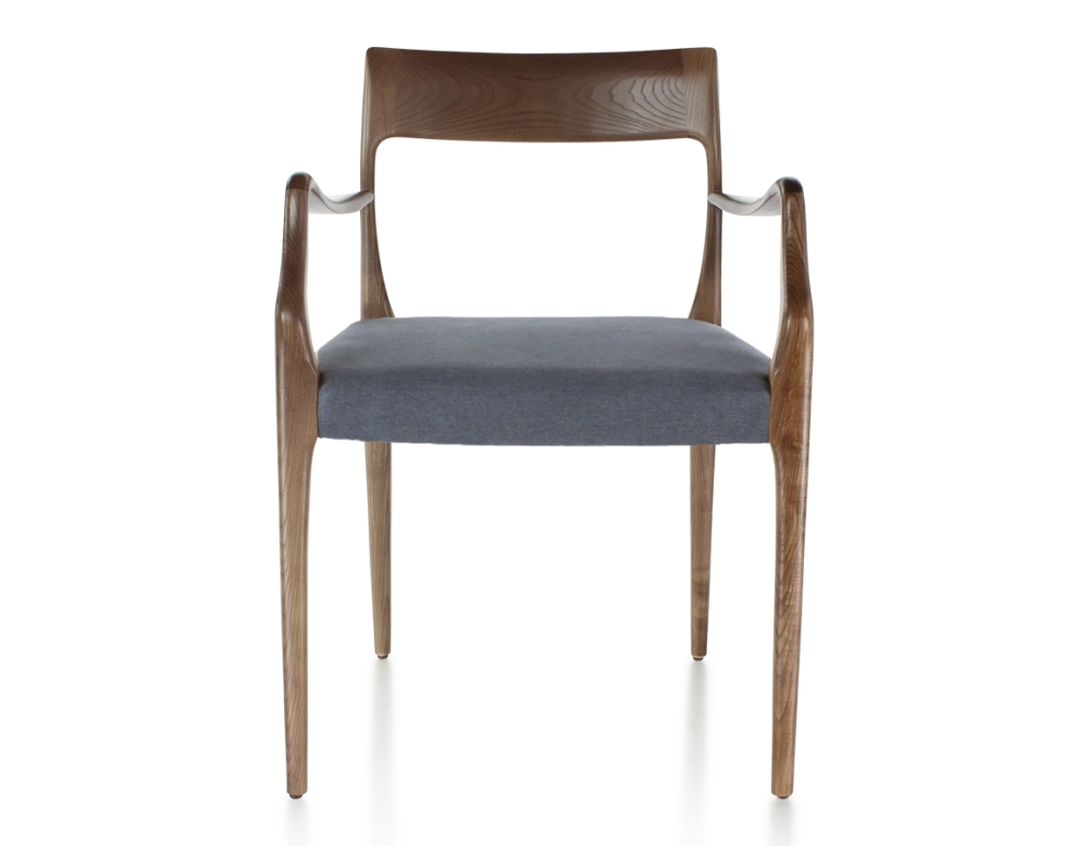 Chaise scandinave avec accoudoirs bois teinte marron foncé assise tissu gris