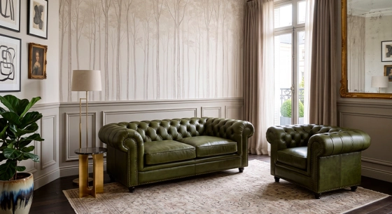 Canapé Chesterfield cuir 3 places vert olive accoudoirs cloutés